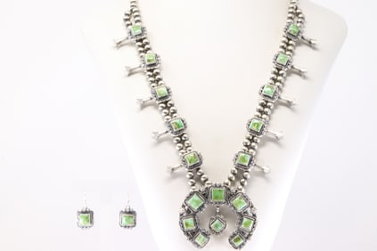 Native American Navajo Sterling Silver Sonora Gold Turquoise Squash Blossom Necklace & Earring's Set