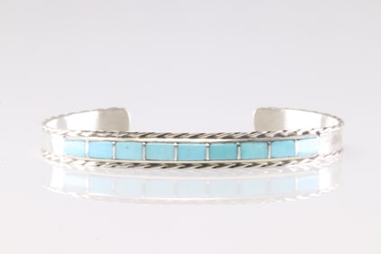 Native America Navajo Sterling Silver Turquoise Inlay Bracelet Cuff By J.P.
