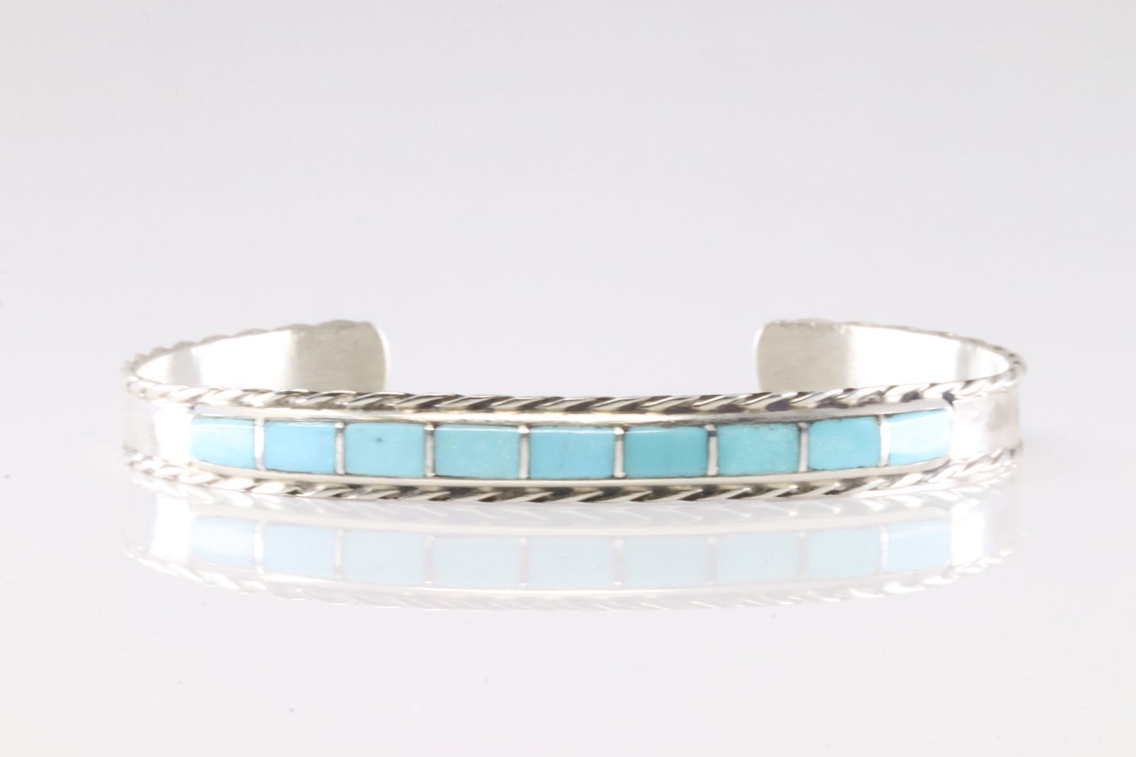 Native America Navajo Sterling Silver Turquoise Inlay Bracelet Cuff By J.P. (1 of 4)