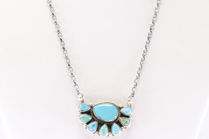Native America Navajo Sterling Silver Kingman Turquoise Necklace By Geraldine James.