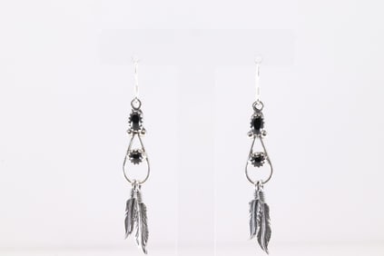 America Sterling Silver Black Onyx Feather Dangling Earring's.