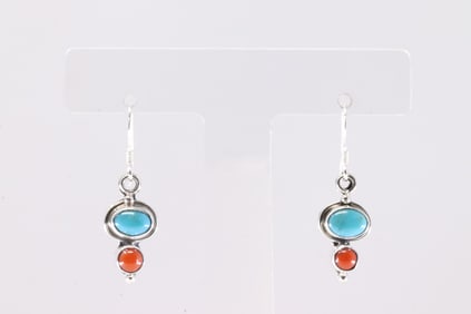 America Sterling Silver Coral & Turquoise Dangling Earring's.