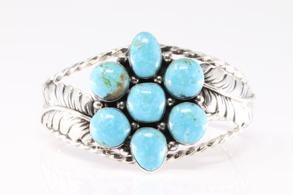 Native America Navajo Sterling Silver Turquoise Floral Bracelet Cuff By P.A. Smith.