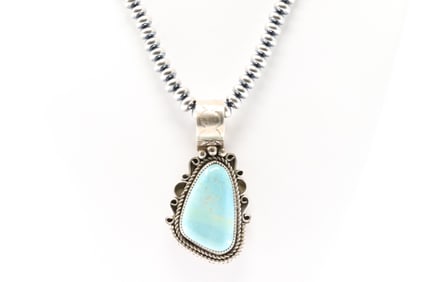 Native America Navajo Sterling Silver Kingman Turquoise Pendant By W.J. With Pearl Beaded Sterling