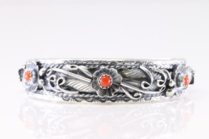 Native America Navajo Sterling Silver Coral Bracelet Floral Cuff By Bessie Joe.