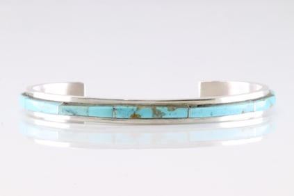 Native America Navajo Sterling Silver Turquoise Inlay Bracelet By S.F.