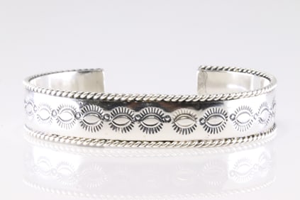 Native America Navajo Sterling Silver Stamp Deisgn Bracelet Cuff By Jason Bahe.