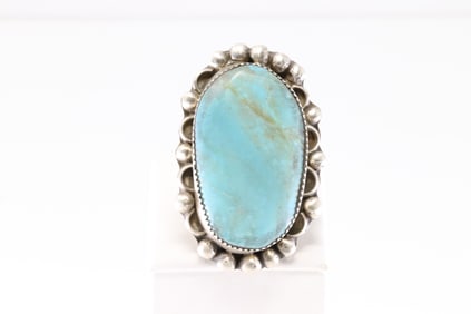Native American Navajo Sterling Silver Kingman Turquoise Ring By Virginia Hinio.