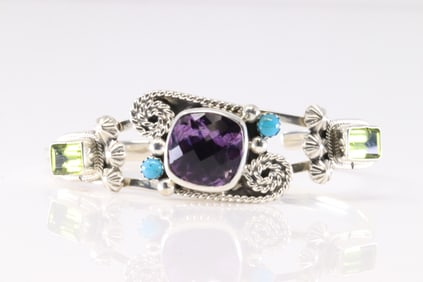 Native America Navajo Sterling Silver Amethyst / Peridot & Turquoise Bracelet Cuff By Emerson