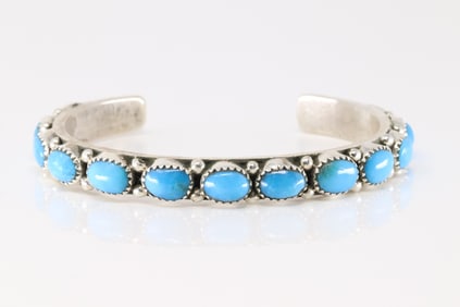 Native America Navajo Sterling Silver Kingman Turquoise Bracelet Cuff By E.J.W.