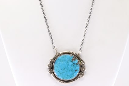 Native America Navajo Sterling Silver Turquoise Necklace By Virginia Hino.