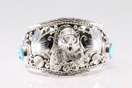Native America Navajo Sterling Silver Turquoise Bracelet Bear Casted Cuff By Thomas Yazzie.