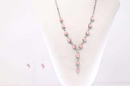 Native America Navajo Sterling Silver Pink Conch Shell Necklace & Earring's Set By S.H.