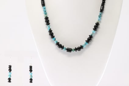 America Sterling Silver Black Onyx & Turquoise Necklace & Earring's Set.