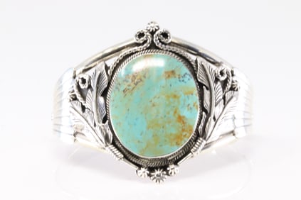 Native America Navajo Sterling Silver Kingman Turquoise Bracelet Cuff By Loretta Delgarito.