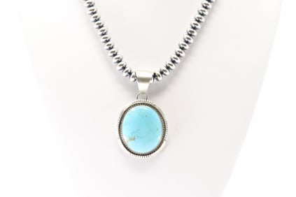 Native America Navajo Sterling Silver Kingman Turquoise Pendent By Alfred Martinez. With Pearl