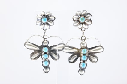 Native America Navajo Sterling Silver Turquoise Dragonfly Post / Dangling Earring's By G.T.Y.