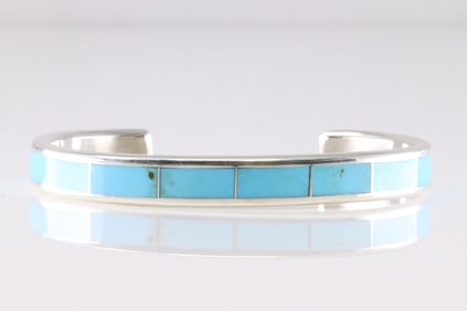 Native America Zuni Sterling Silver Turquoise Inlay Bracelet Cuff By Loretto.