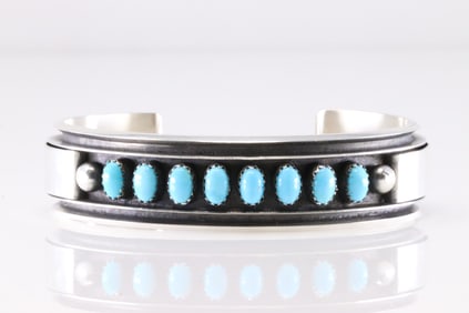 Native America Navajo Sterling Silver Kingman Turquoise Bracelet Cuff By M.J.