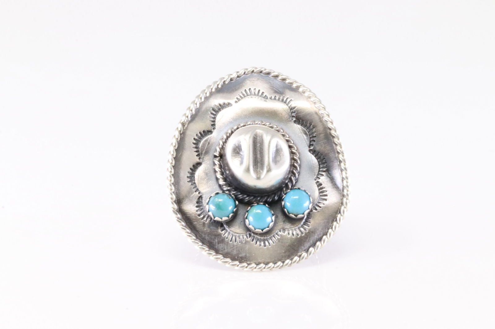 Native America Navajo Sterling Silver Turquoise Cowboy Hat Ring By Bobby Platero.: This is a Native America Navajo Sterling Silver Turquoise Cowboy Hat Ring By Bobby Platero. Ring size: 8.50.