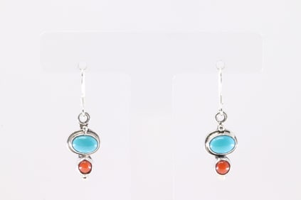 America Sterling Silver Coral & Turquoise Dangling Earring's.