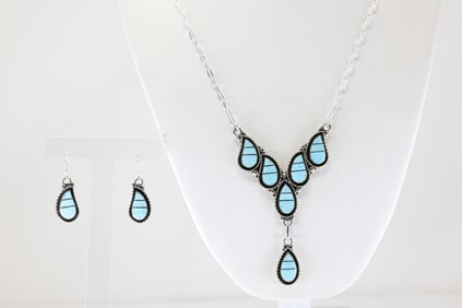 Native America Zuni Sterling Silver Turquoise Inlay Necklace / Dangling Earring's Set By Faye