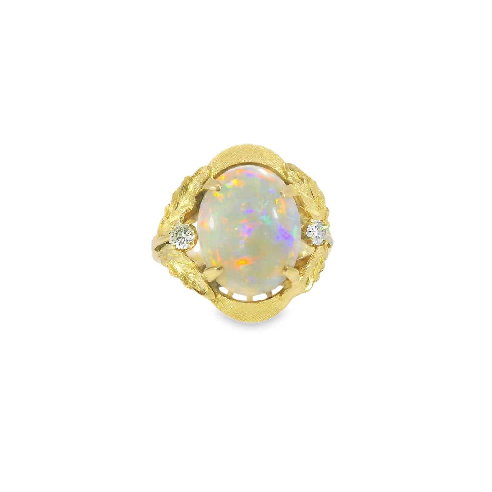 Opal & Diamond Ring 14Kt.: 14Kt Yellow Gold Opal & Diamond Ring. This exquisite ring features a stunning opal centerpiece, radiating vibrant hues of orange, green, and blue. The opal is elegantly framed by intricate gold