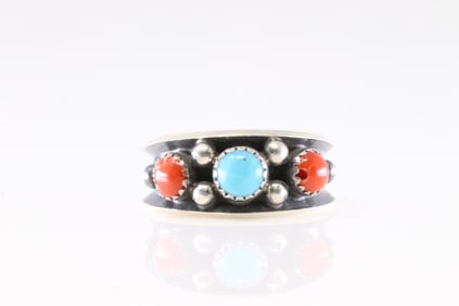 Native America Navajo Sterling Silver Coral & Turquoise Ring By R.C.