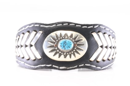 Native America Navajo Sterling Silver Turquoise Leather Bracelet Cuff By F.Armstrong .