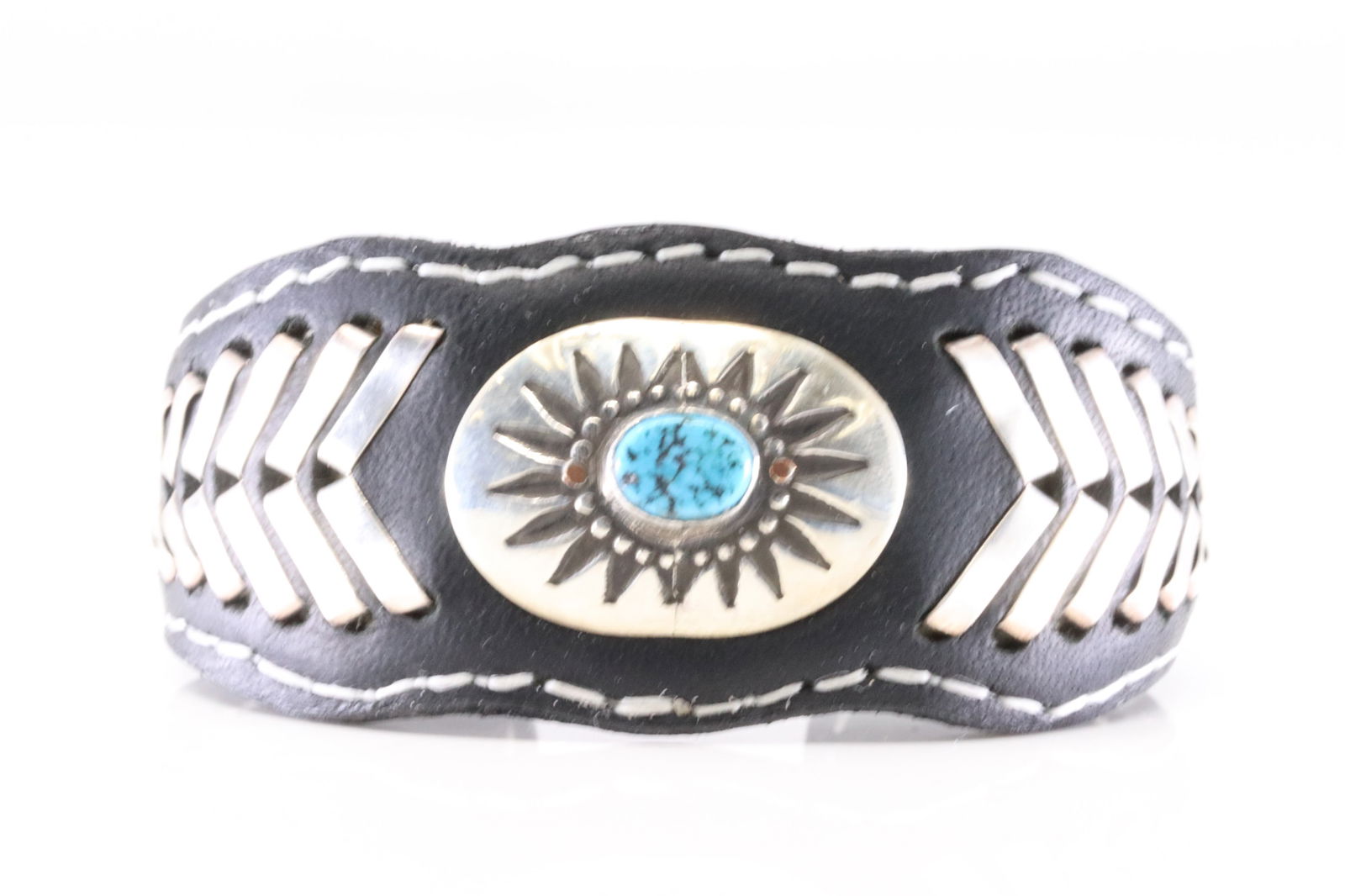 Native America Navajo Sterling Silver Turquoise Leather Bracelet Cuff By F.Armstrong .: This is a Native America Navajo Sterling Silver Turquoise Leather Bracelet Cuff By F.Armstrong .