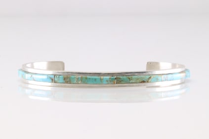 Native America Navajo Sterling Silver Turquoise Inlay Bracelet Cuff By S.F.