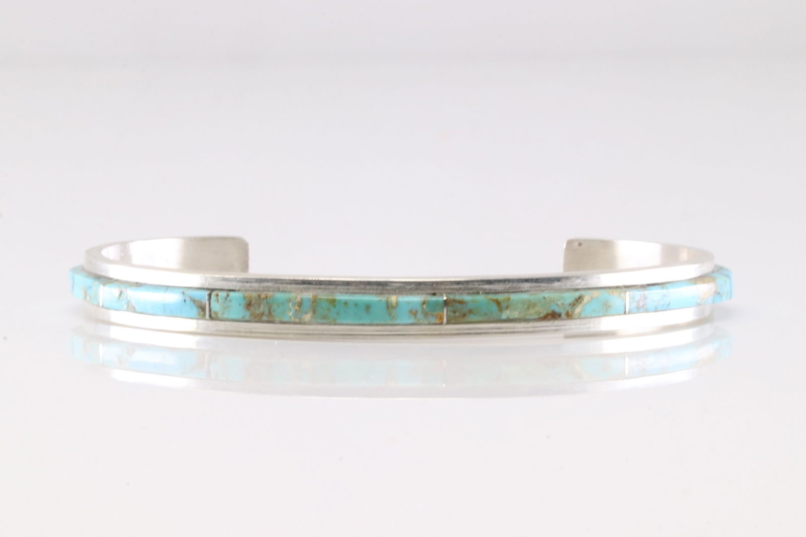 Native America Navajo Sterling Silver Turquoise Inlay Bracelet Cuff By S.F.: This is a Native America Navajo Sterling Silver Turquoise Inlay Bracelet Cuff By S.F.