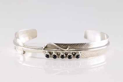 Native America Sterling Silver Black Onyx Feather Bracelet By Aaron Davis.
