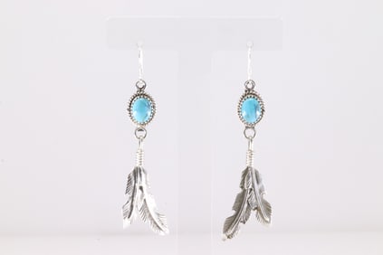 America Sterling Silver Turquoise Feather Dangling Earring's.