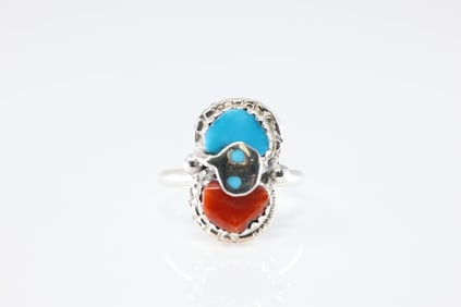 Native America Zuni Sterling Silver Coral & Turquoise Ring By Effie C.