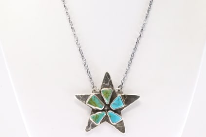 Native America Zuni Sterling Silver Turquoise Star Necklace By Jude Candelaria.