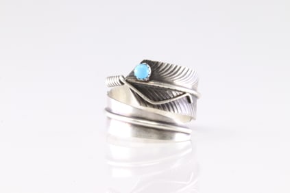 Native America Sterling Silver Turquoise Feather Ring By C.C.