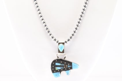 Native America Navajo Sterling Silver Night Sky Bear Pendant By Ray Jack. With Machine Made Pearl