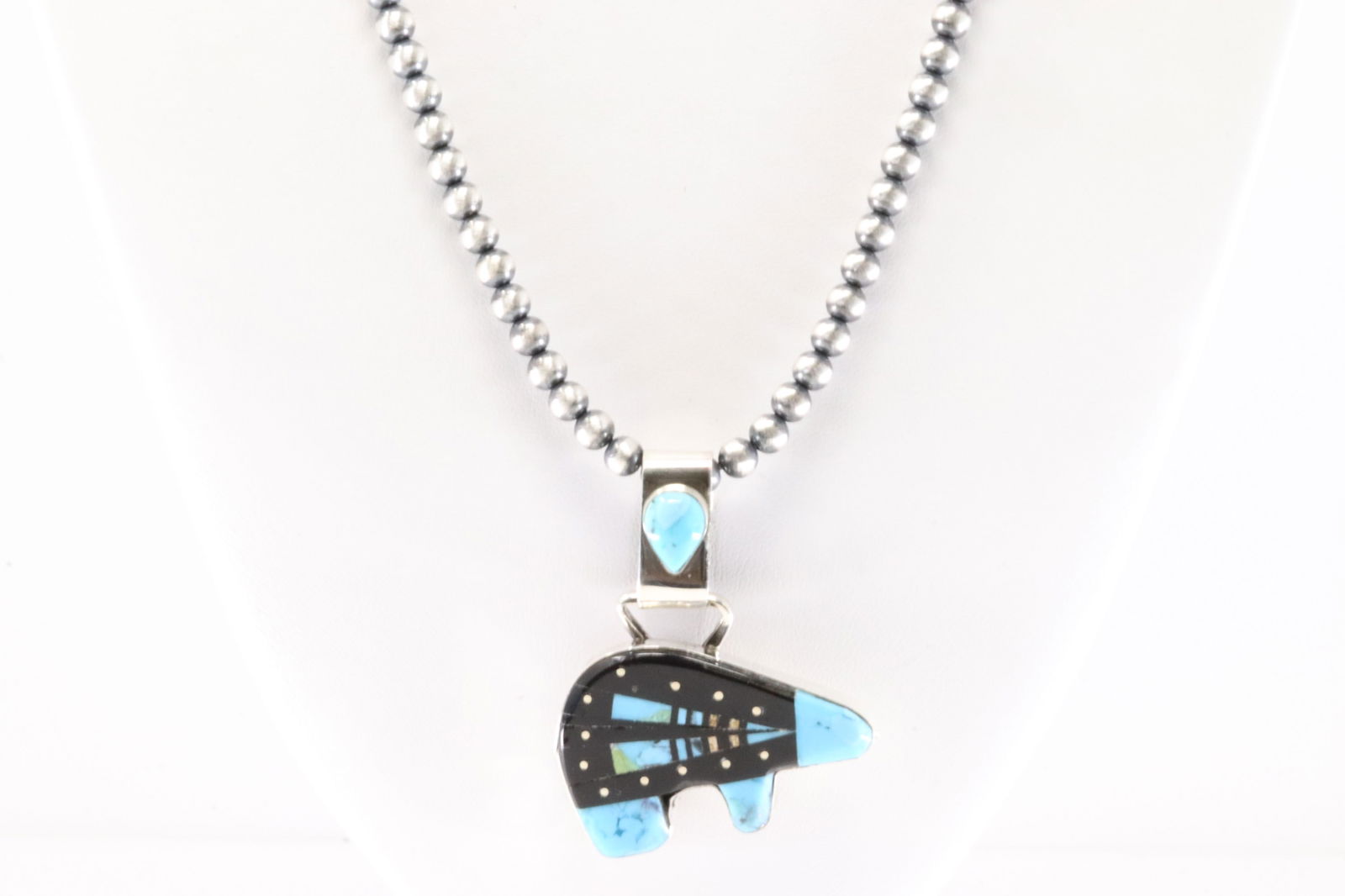 Native America Navajo Sterling Silver Night Sky Bear Pendant By Ray Jack. With Machine Made Pearl: This is a Native America Navajo Sterling Silver Night Sky Bear Pendant By Ray Jack. With Machine Made Pearl Beaded Sterling Silver Necklace. Necklace length: 20.00"