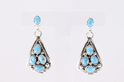 Native America Navajo Sterling Silver Kingman Turquoise Post / Dangling Earring's By Melvin Chee.