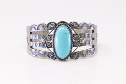 Native American Navajo Sterling Silver Turquoise Bracelet Cuff By R.J.