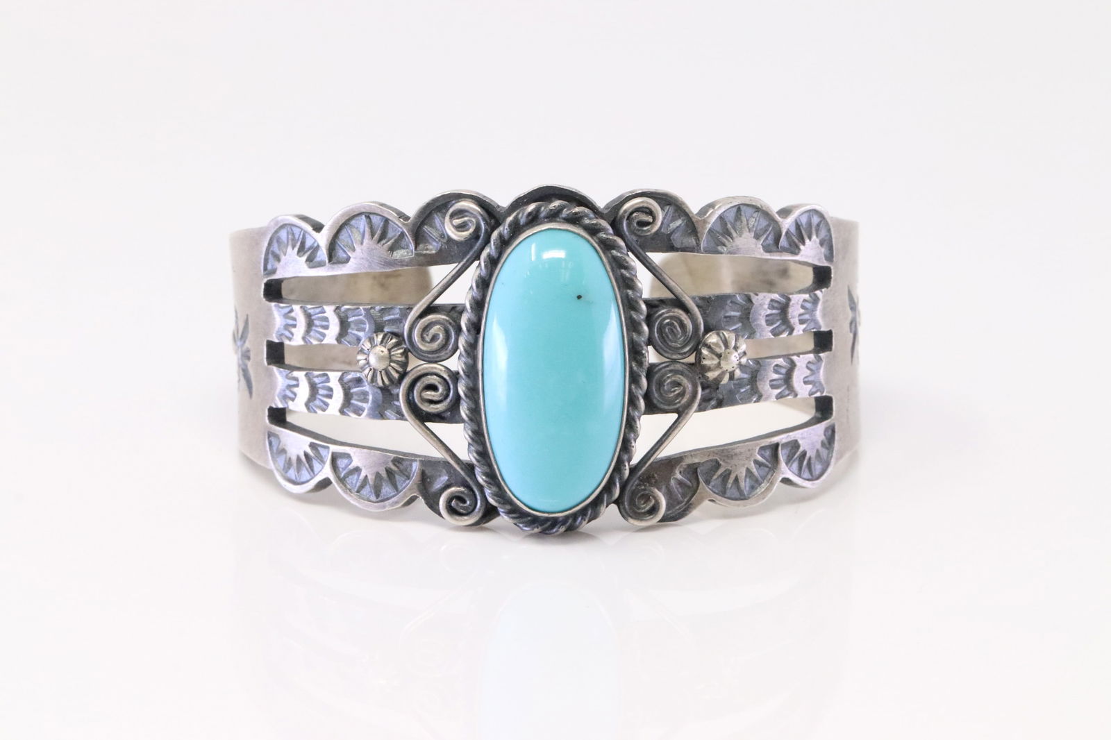 Native American Navajo Sterling Silver Turquoise Bracelet Cuff By R.J.: This is a Native American Navajo Sterling Silver Turquoise Bracelet Cuff By R.J. Stamp R.J.