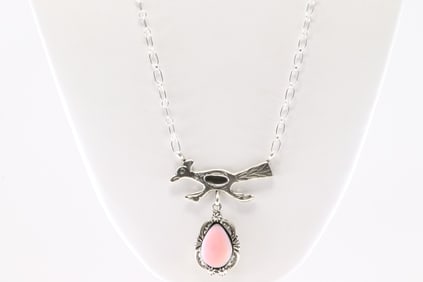 Native American Navajo Sterling Silver Pink Conch Road Runner Necklace By Michael Yazzie. From R.B