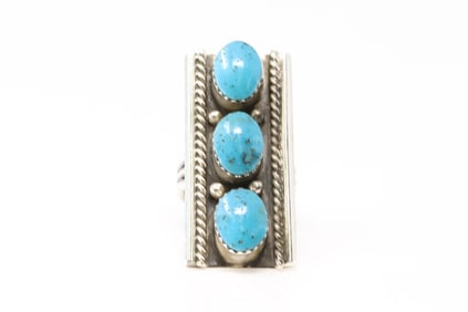 Native America Navajo Sterling Silver Turquoise 3 Stone Ring By Arlene Lewis. From R.B Company.