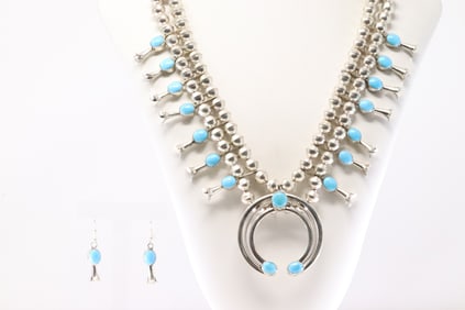 Native America Navajo Sterling Silver Turquoise Squash Blossom Necklace & Earring's Set.