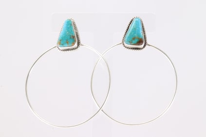 Native America Navajo Sterling Silver Kingman Turquoise Hoop Post Earring's By Elouise Kee.