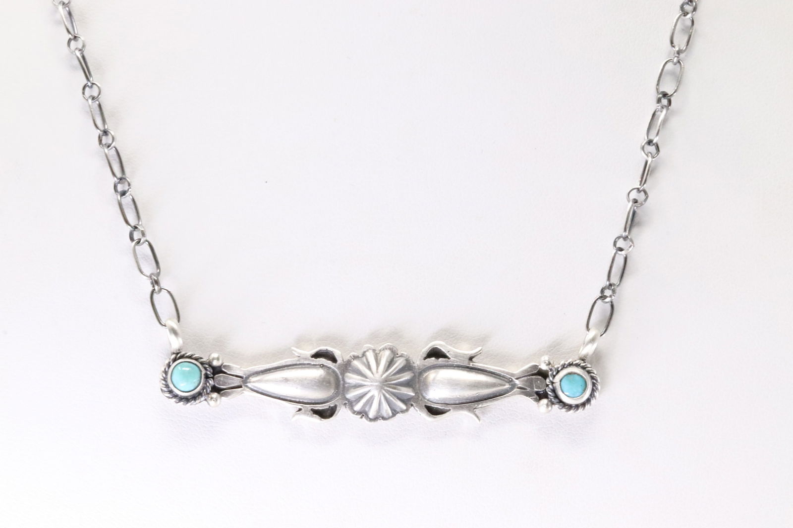 Native American Navajo Sterling Silver Turquoise Necklace By Marita Benally From R.B Company. Stamp: This is a Native American Navajo Sterling Silver Turquoise Necklace By Marita Benally From R.B Company. Stamp R.B. Necklace Length: 16.00.