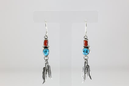 Native America Navajo Sterling Silver Coral & Turquoise Dangling Earring's By Annie Spencer. From