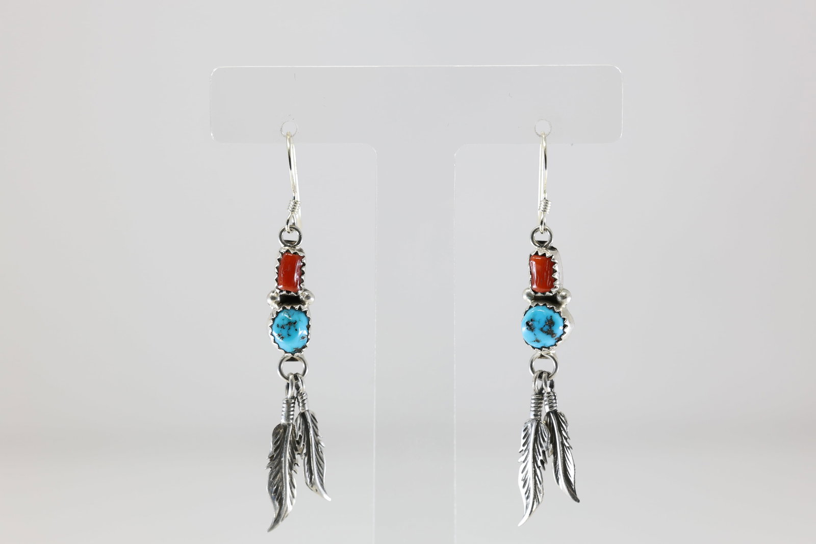 Native America Navajo Sterling Silver Coral & Turquoise Dangling Earring's By Annie Spencer. From: This is a Native America Navajo Sterling Silver Coral & Turquoise Dangling Earring's By Annie Spencer. From R.B Company.
