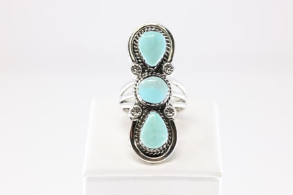 Native America Navajo Sterling Silver Turquoise Ring 3 Stone By Fannie Platero. From R.B Company.